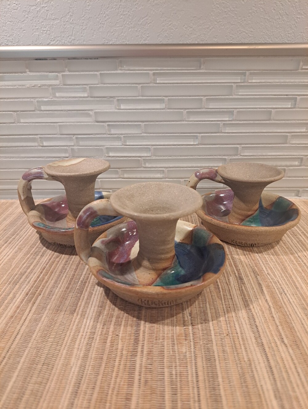 3 Klickitat Pottery Multi Colored Glaze Candlesticks by Ed & Diane Swick